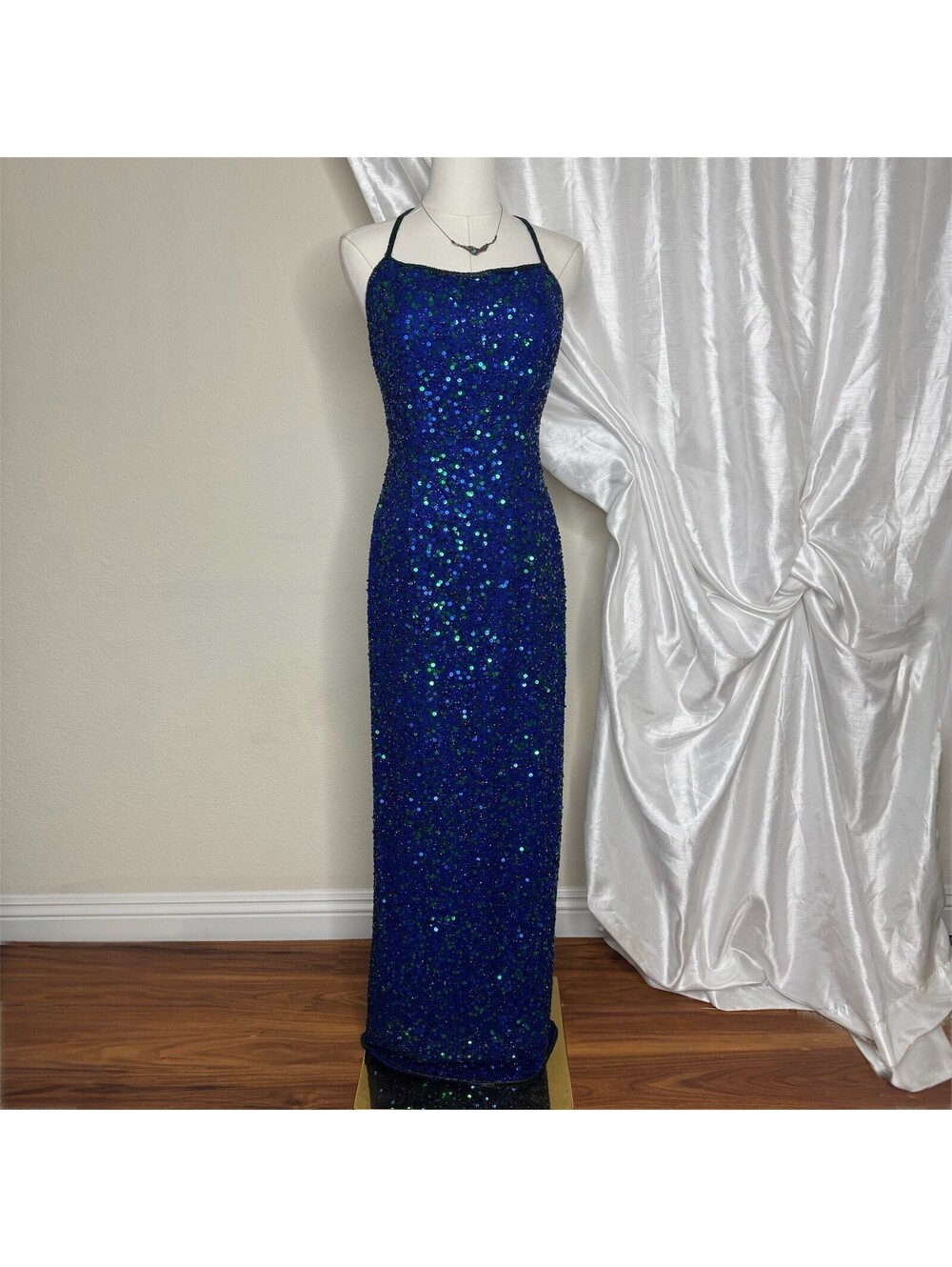 Vintage Scala Silk Sequin Gown Size M Open Back Blue Green Formal Maxi Dress